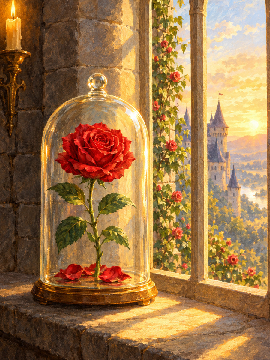A single rose blooming as the first light breaks the spell
