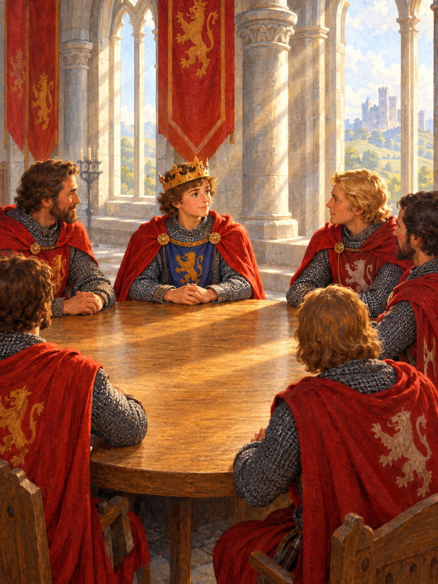 Knights gathered around a great round table at Camelot