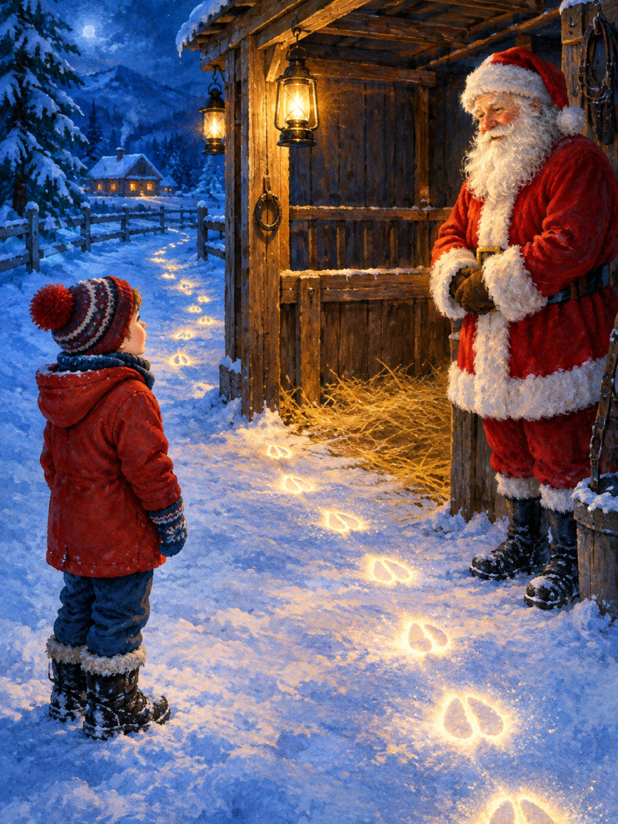 An empty reindeer stall and glowing hoofprints in the snow