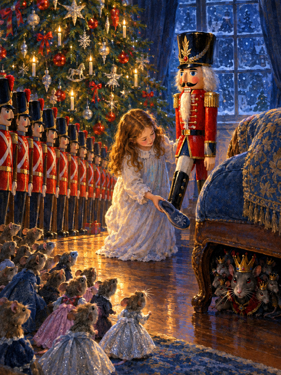 A midnight battle between toy soldiers and an army of mice