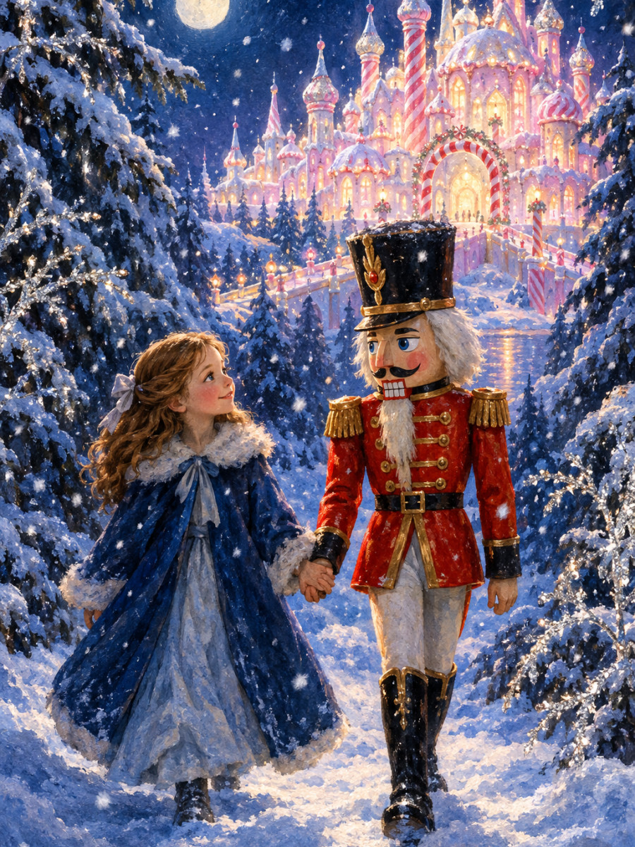 Snowflakes swirling on the way to a Land of Sweets