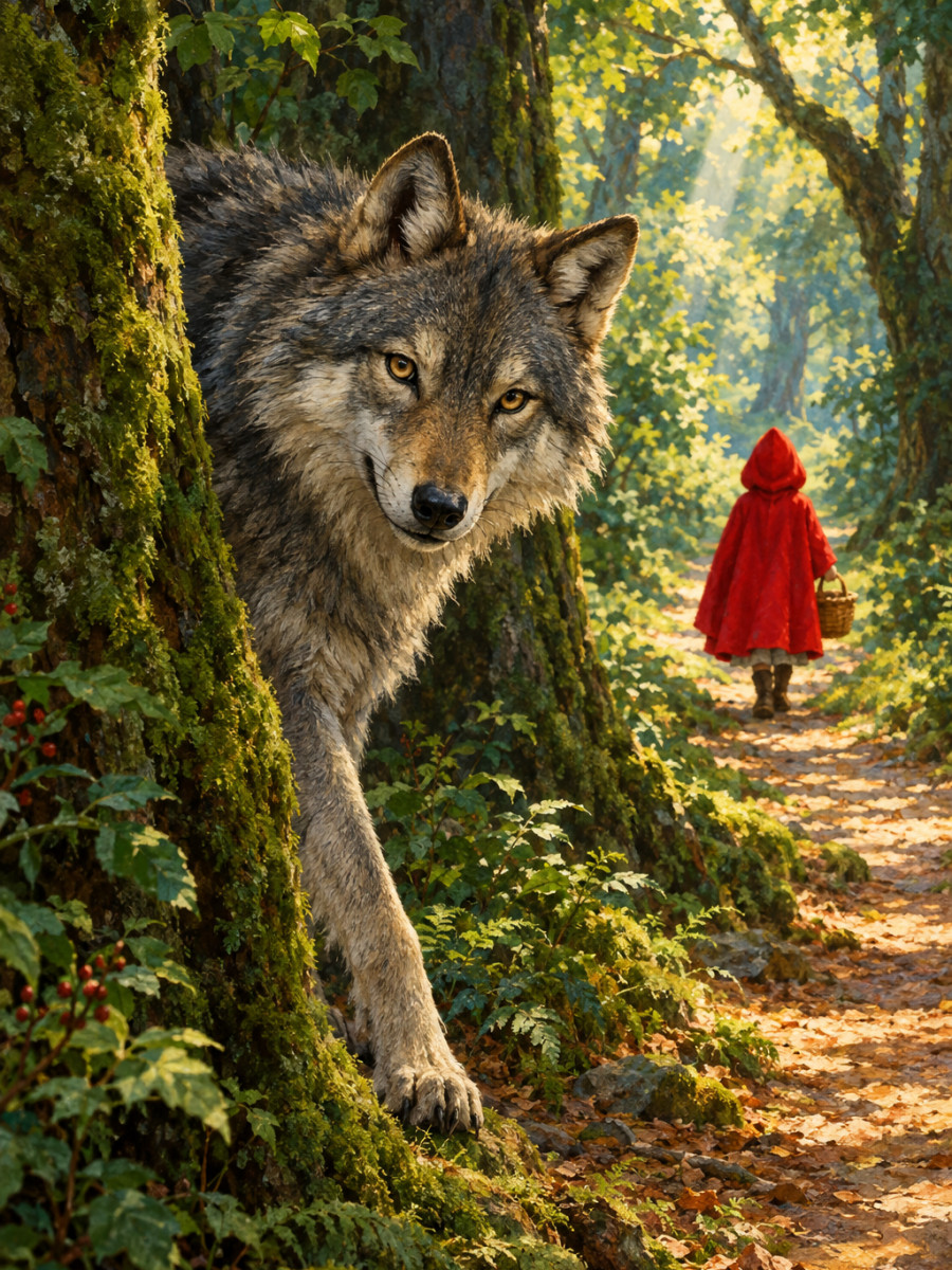 A sly wolf stepping out between the trees