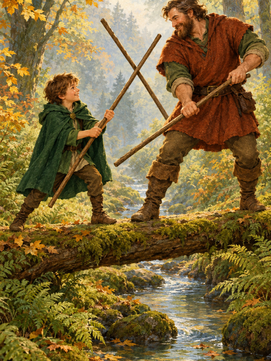 A quarterstaff duel balanced on a log bridge over a stream