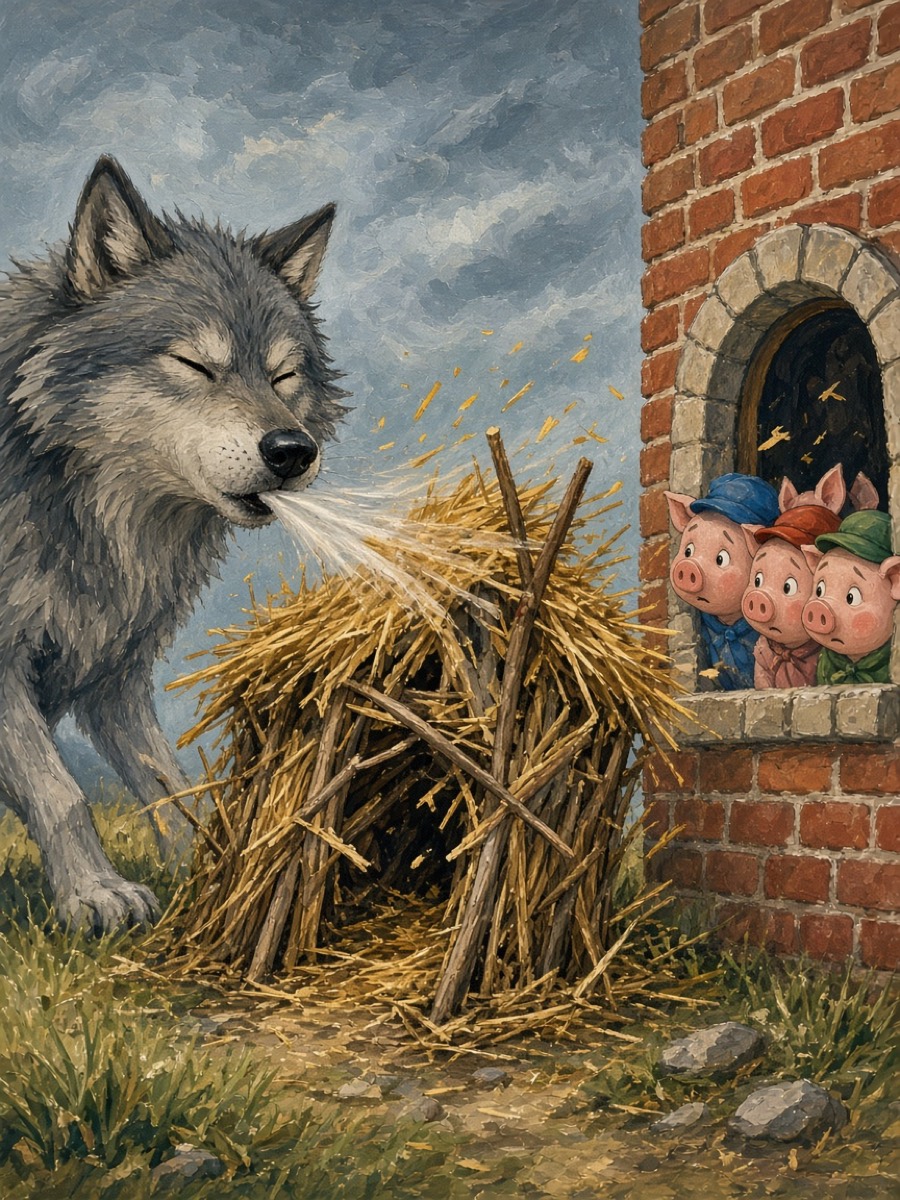 Walls wobbling as the wolf huffs and puffs