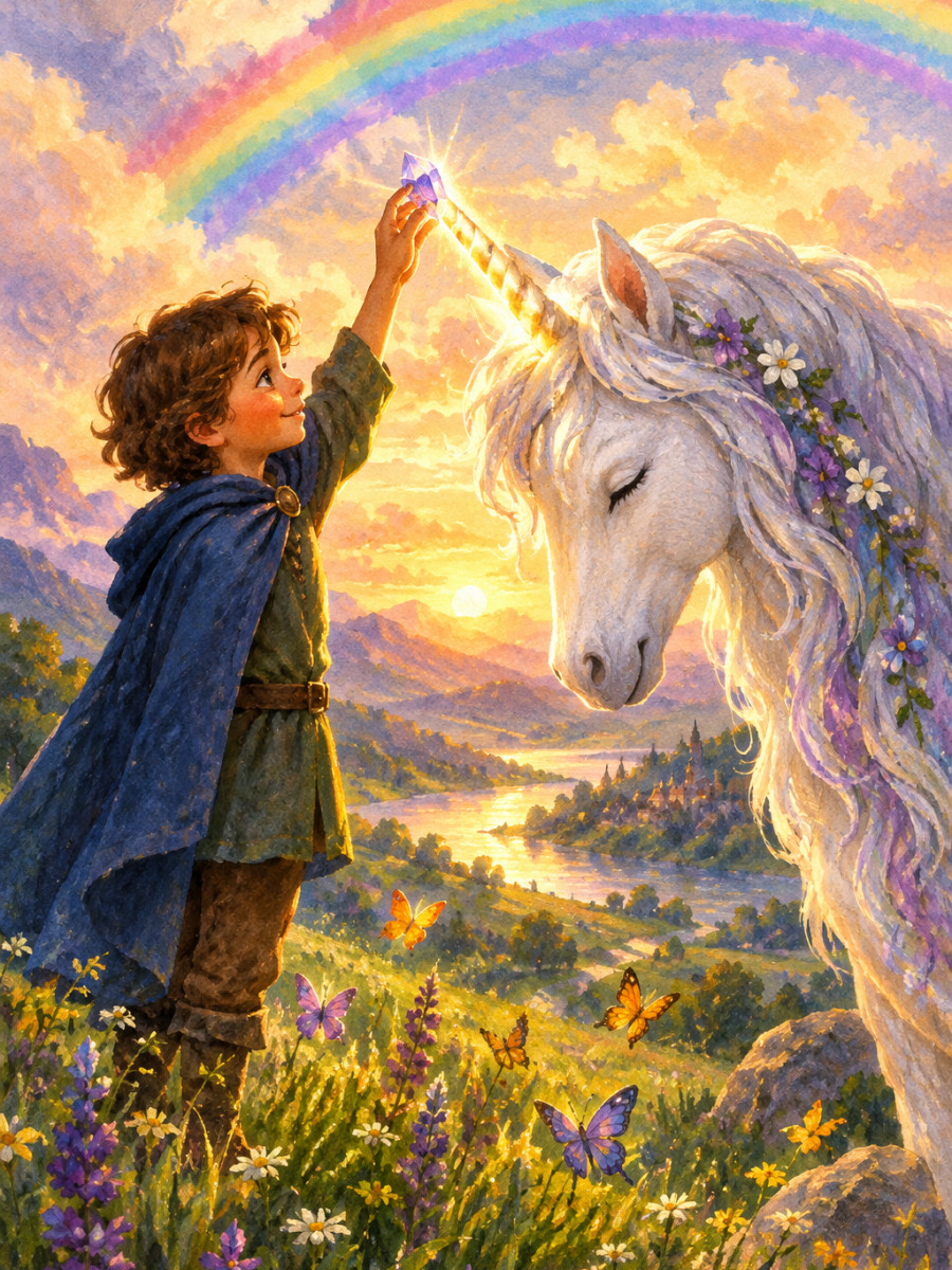 The final crystal lighting the unicorn’s horn beneath a bright rainbow